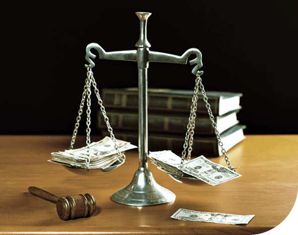 Scales with money, gavel, and books.