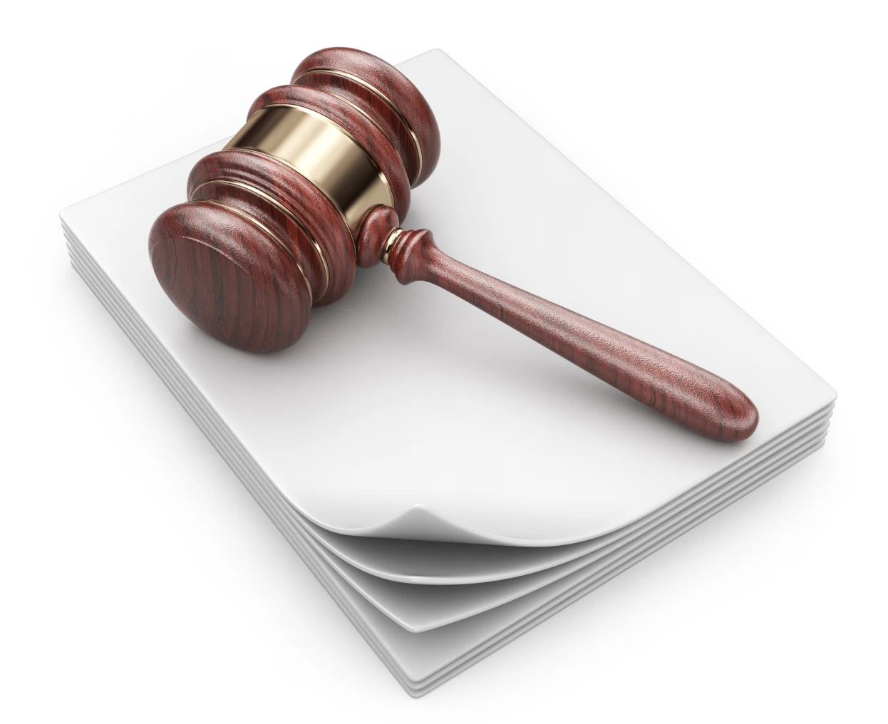 Gavel resting on stack of papers.