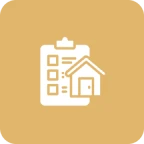 Clipboard and house icon on yellow background.
